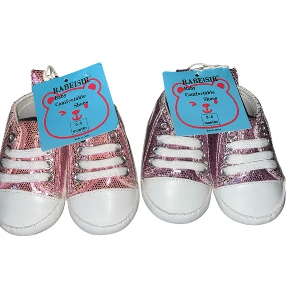 Rabeisir baby crib shoes pink & purple sparkly glitter sneakers Size 0-6 Months - Picture 2 of 9